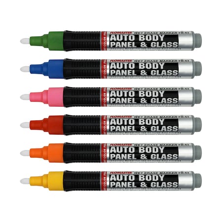 Mighty Marker FM-43 Mighty Marker, Flomaster Autobody & Glass, Yellow, Orange, Red, Pink, Blue, Green, 6PK 60343